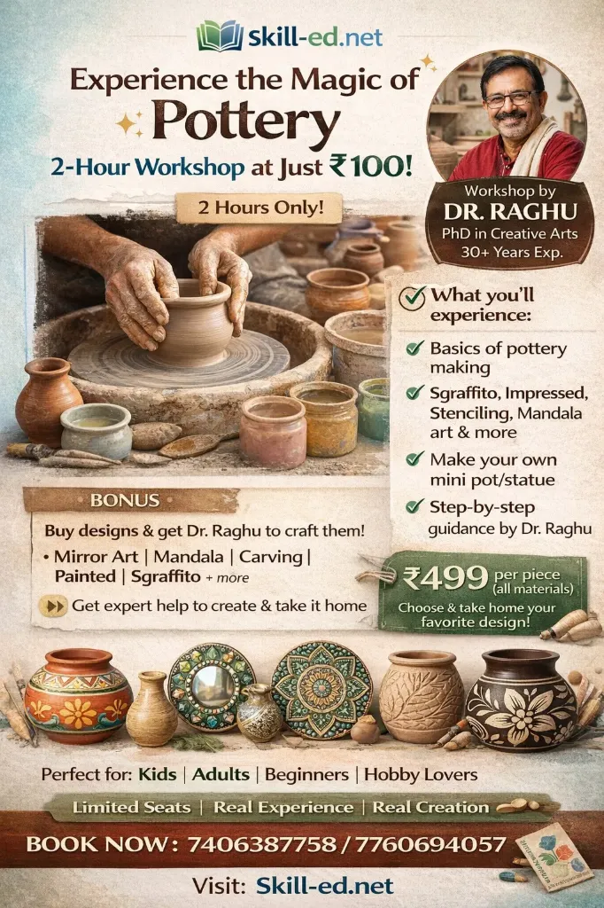 Pottery Workshop Registration : Rs 100 + Rs 20 (tax) for a 2-hour workshop