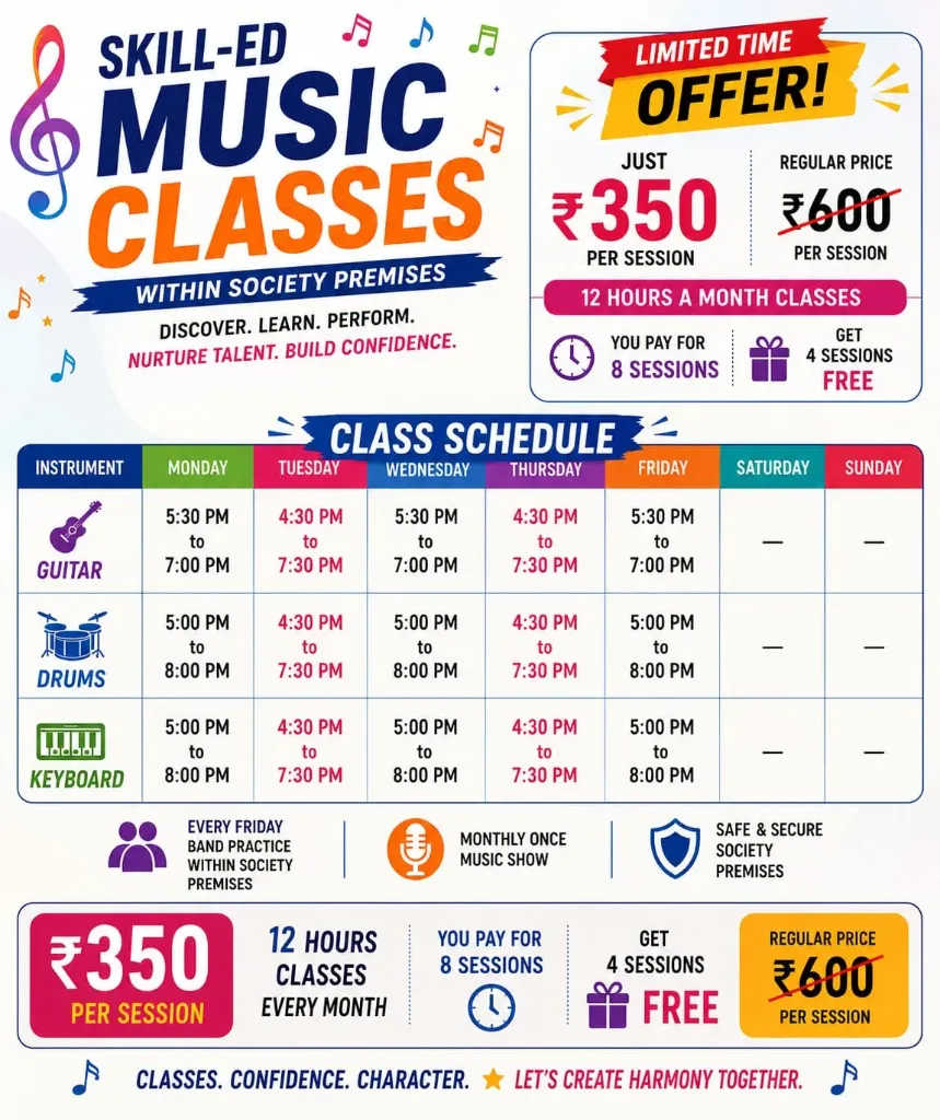 Music Classes: Drums, Keyboard & Guitar (Hobby Class_Limited Seats Offer)
